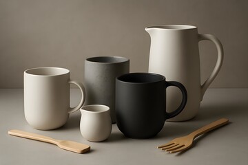 Modern minimalist ceramic kitchenware collection with natural wooden utensils on a neutral background for home decor