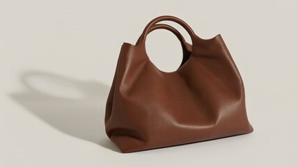 Soft brown leather handbag with rounded handles casting distinct shadow on neutral beige background in minimalist product photography