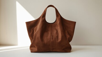 Large brown suede tote bag placed on white surface with geometric light and shadow on wall in minimalist natural light setting