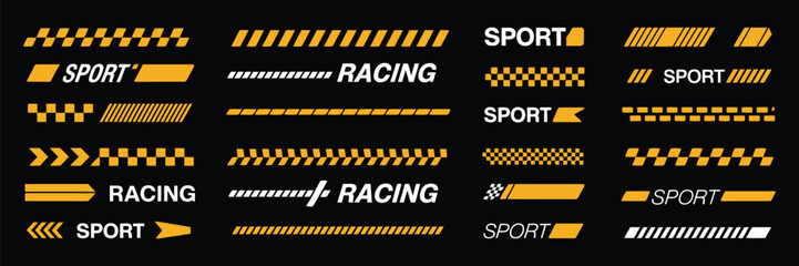Naklejka premium Sport Car Decal Stripes with Speed Lines, Racing Tuning Strips, and Car Sticker Vector Set for Custom Automotive Designs and High-Performance Racing Graphics.