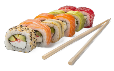 A close up shot of a row of sushi rolls with salmon and avocado next to wooden chopsticks on black