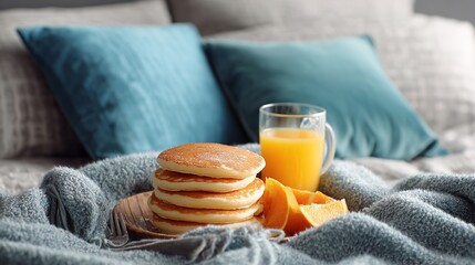 Indulge in a delicious pancake stack with orange juice on a cozy morning, perfect for breakfast in bed or a relaxing weekend brunch