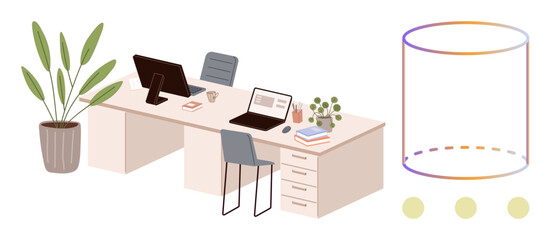 Organized desk setup with laptops, desktop monitor, books, and plants beside a 3D bar chart graphic. Ideal for productivity, organization, team collaboration, digital analytics, modern tools office