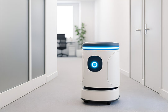 Autonomous robot vacuum cleaner navigating modern office hallway