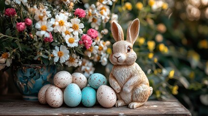 Charming Easter bunny figurine with colorful eggs and a spring floral bouquet.