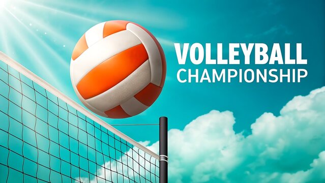 Volleyball championship poster with ball over net and sky
