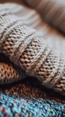 kneat sweater texture close up. Knitted woolen sweaters. Close-up. Selective focus. Multicolored wool yarn background. Close-up of knitting wool texture.
