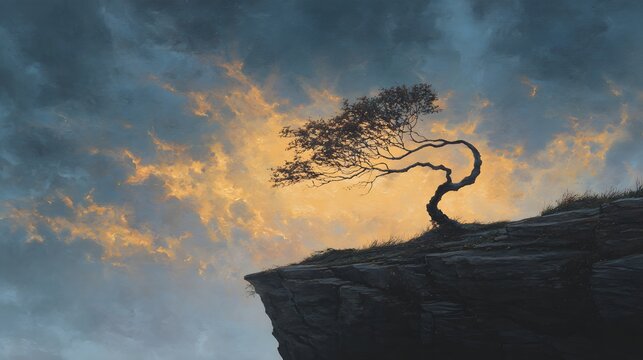 A solitary tree bends on a cliff edge against a dramatic sunset sky.