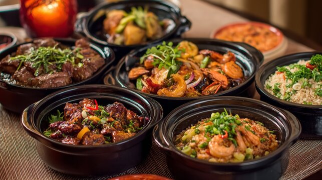 Diverse Asian cuisine buffet ready to enjoy, perfect for restaurant menus, catering services, and food blog posts featuring delicious dishes