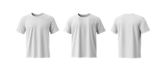 Three white t-shirts, front, middle, and back view
