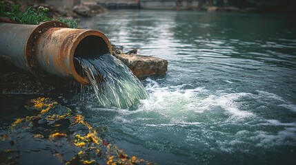 Environmental impact concept: Water discharge from pipe into river, highlighting pollution issues and the importance of clean water initiatives
