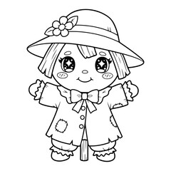 Fototapeta premium Cute scarecrow girl isolated on white background, coloring page illustration