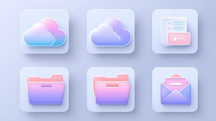 A set of 3D, pastel-colored UI icons on square backgrounds representing cloud, files, and email