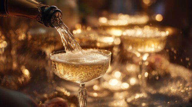 A champagne bottle is pouring bubbly into elegant glasses, creating a festive atmosphere with shimmering lights in the background.