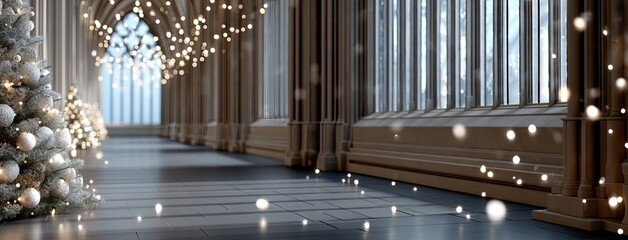 Elegant holiday corridor adorned with sparkling lights and a festive tree, inviting a joyful celebration in a grand setting