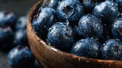 Juicy blueberries glistening with fresh water droplets filling a rustic wooden bowl for a vibrant, healthy snack or ingredient inspiration