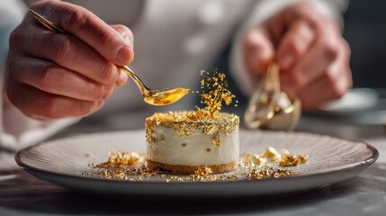 A chef delicately garnishes a luxurious dessert with gold flakes, showcasing exquisite culinary artistry on an elegant plate.