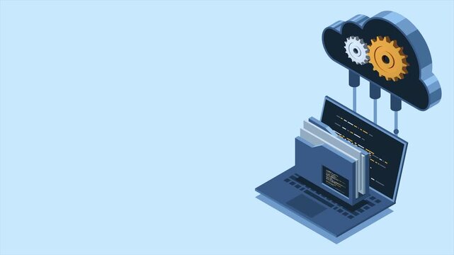 Isometric cloud storage concept with laptop animation. Cloud technology with folder and laptop. Isometric computer file transfer. Isometric technology. 4K video animated in isometric style