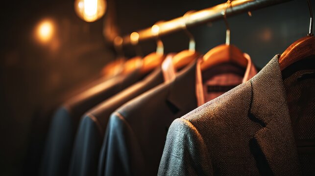 Elegant suits hang in a warm, inviting closet, ready for a special occasion or professional success, showcasing style and sophistication