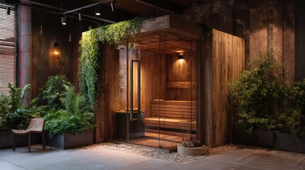 Fototapeta premium A modern wooden sauna surrounded by lush greenery, featuring glass walls and ambient lighting, creating a serene atmosphere for relaxation.