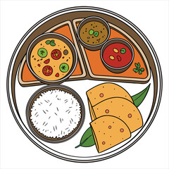 Traditional indian thali meal with rice and roti