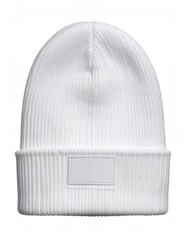 White ribbed knit beanie hat with a blank patch for a logo mockup. Isolated on white background