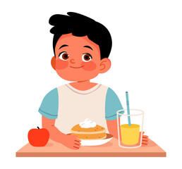 Cute boy eating pancakes and juice for breakfast. Flat vector illustration morning routine, wellness, and mindful family moments.