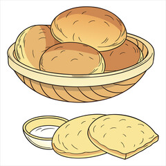 Basket of dinner rolls and flatbread with dip