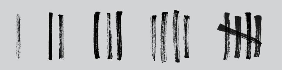 Tally marks brush strokes set. Grunge black hand-painted counting numbers from one to four on gray background. Design elements for decorations or infographics. Graphic vector illustration.