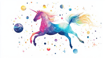 Obraz premium A watercolor unicorn gallops through a colorful galaxy, a scene of whimsical fantasy.
