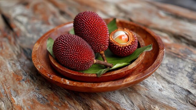 Exotic marang fruit still life on wooden plate for healthy eating concepts, vibrant tropical flavors, and culinary adventures