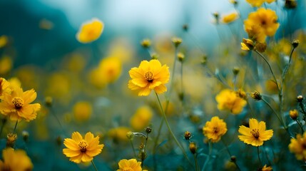 Fototapeta premium Close-up of yellow wildflowers blooming in a field with a soft blue background.