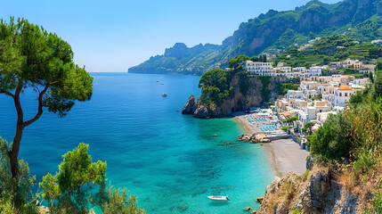 Tranquil Turquoise Waters and Cliffside Village of Amalfi Coast,