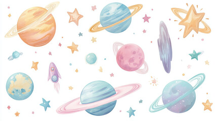 Obraz premium Watercolor planets and stars create a vibrant space-themed illustration, perfect for any project.