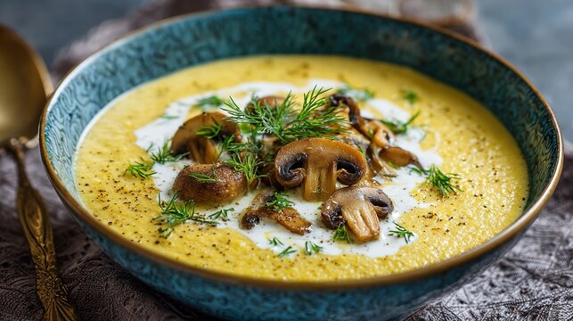 Warm mushroom soup bowl with cream and dill, a delicious and comforting meal for autumn evenings, ideal for healthy lifestyle blogs