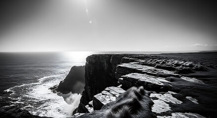 A dramatic, high-contrast, black and white view of rugged sea cliffs dropping steeply to the ocean below, with a bright sun flare over the water and grass on the cliff edge.

