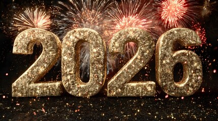 Shiny 3D golden &ldquo;2026&rdquo; numbers with glowing fireworks and confetti raining down on a festive dark background
