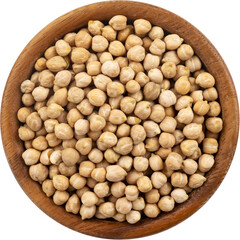 Chickpeas in wooden bowl isolated, top view