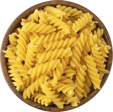 Bowl of Fusilli pasta isolated, top view