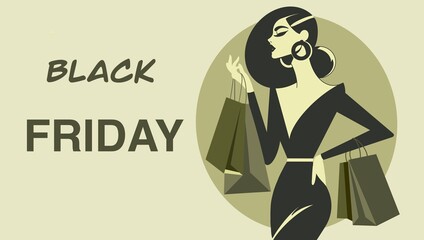 Black Friday fashion sale poster with elegant woman holding shopping bags in retro style