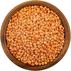 Bowl of red lentils isolated, top view