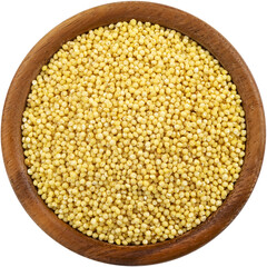 Millet seeds in wooden bowl isolated, top view