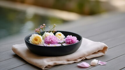 Spa Arrangement With Pink White Flowers In Black Bowl On Towel By Water Outdoor