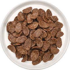 Chocolate corn flakes with milk isolated, top view