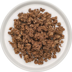 Chocolate granola with milk isolated, top view