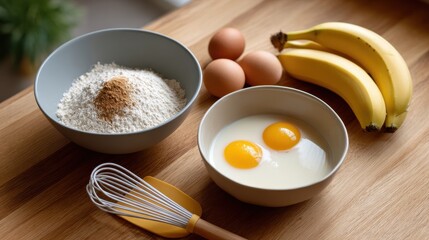 Baking Preparation Ingredients Eggs Bananas Flour Mixture And Whisk On Wooden Countertop Natural Light