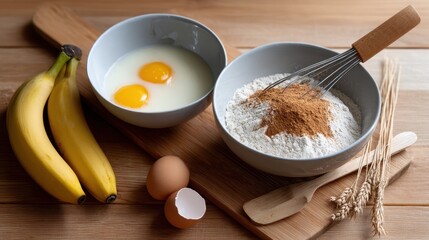 Banana Bread Baking Ingredients Prepared on Wooden Table with Eggs and Flour Ready for Mixing