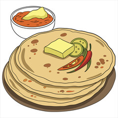 Stack of roti with butter and chili, a popular indian bread