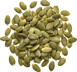 Peeled pumpkin seeds isolated, top view