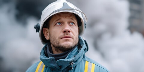 Close Up Portrait Of A Determined Male Firefighter In A Helmet And Protective Gear With Smoke In The Background